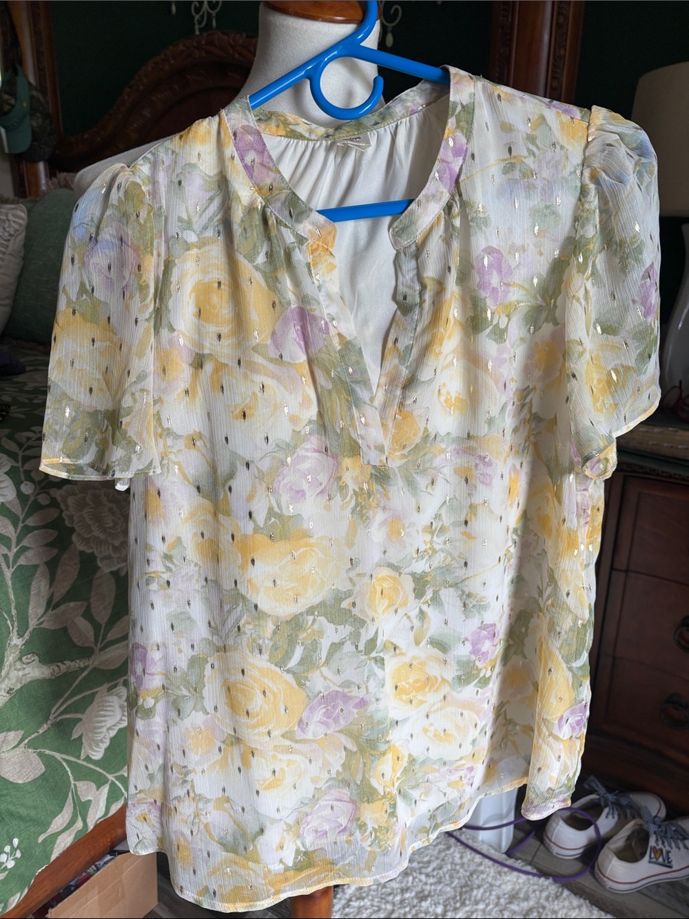 Women's Floral Short-Sleeve V-Neck Blouse in Yellow & Lavender